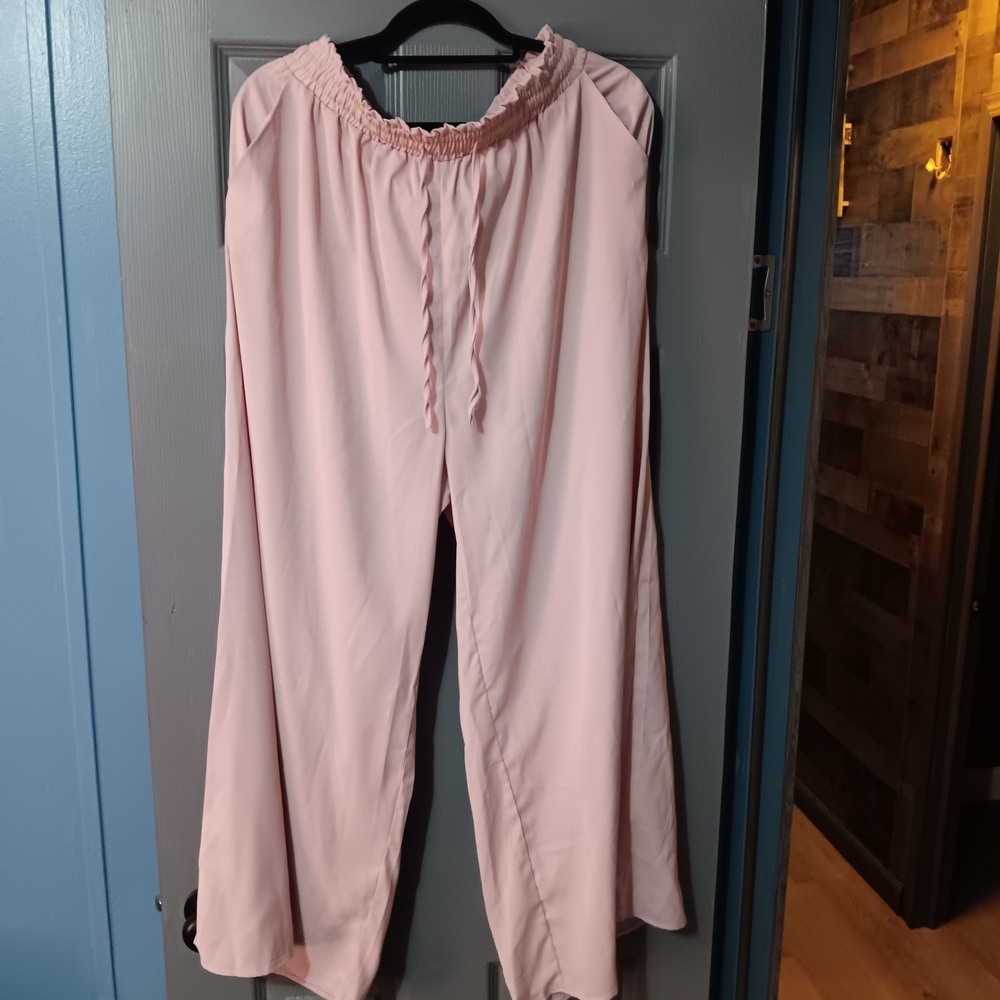 Light Pink Tan Wide Leg Elastic Waist Pants - Picture 2 of 4